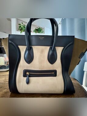 Celine Black and Beige Leather Suede Tote with Gold Hardware